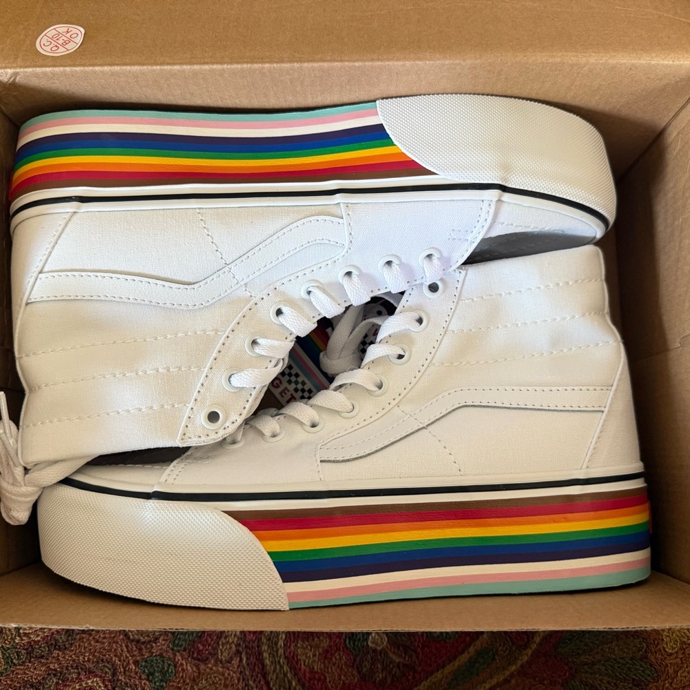 White High-Top Sneakers with Rainbow Accents